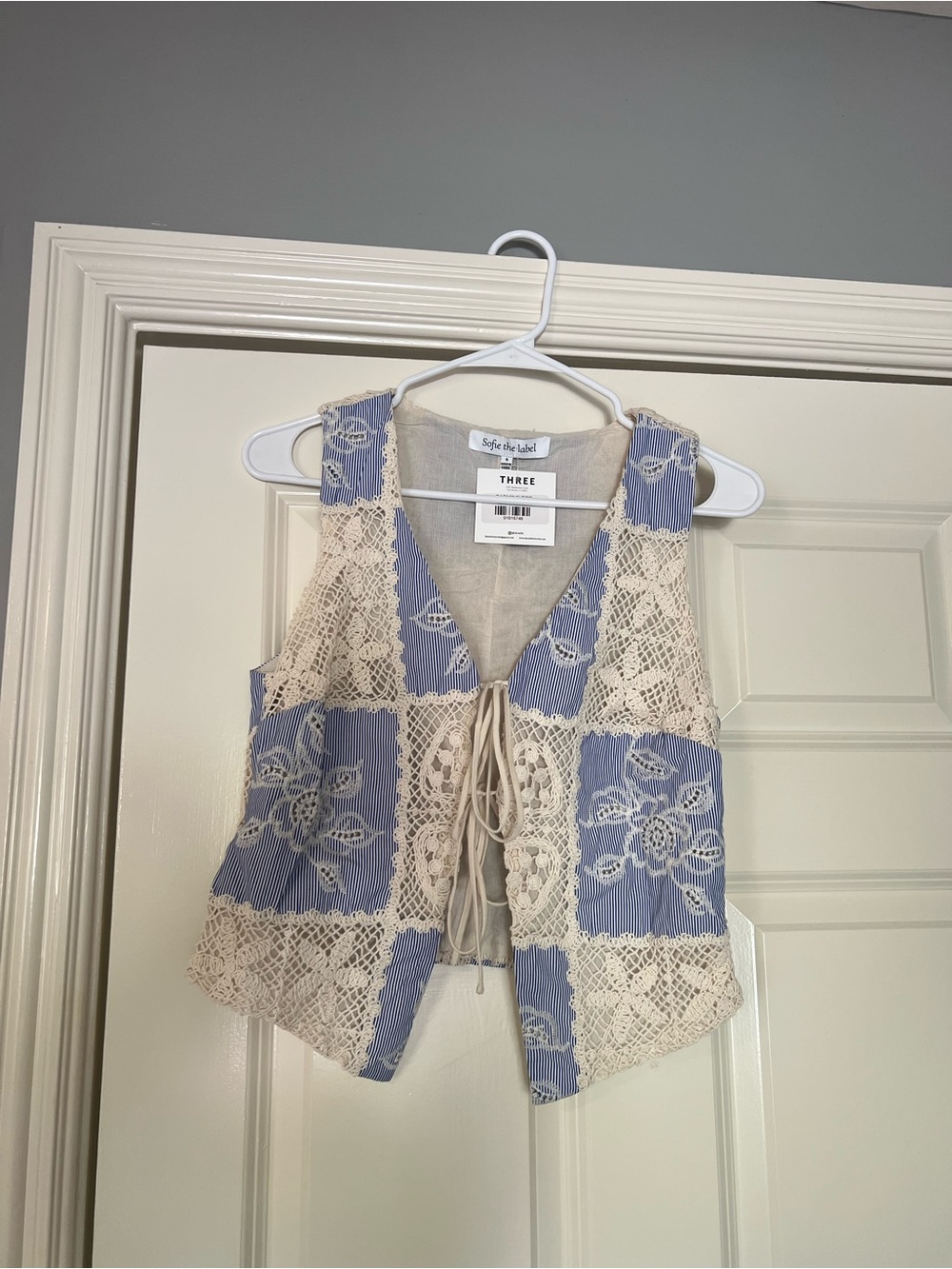 Sofia the Label Striped Blue & Cream Crochet Lace Patchwork SET - Picture 2 of 4